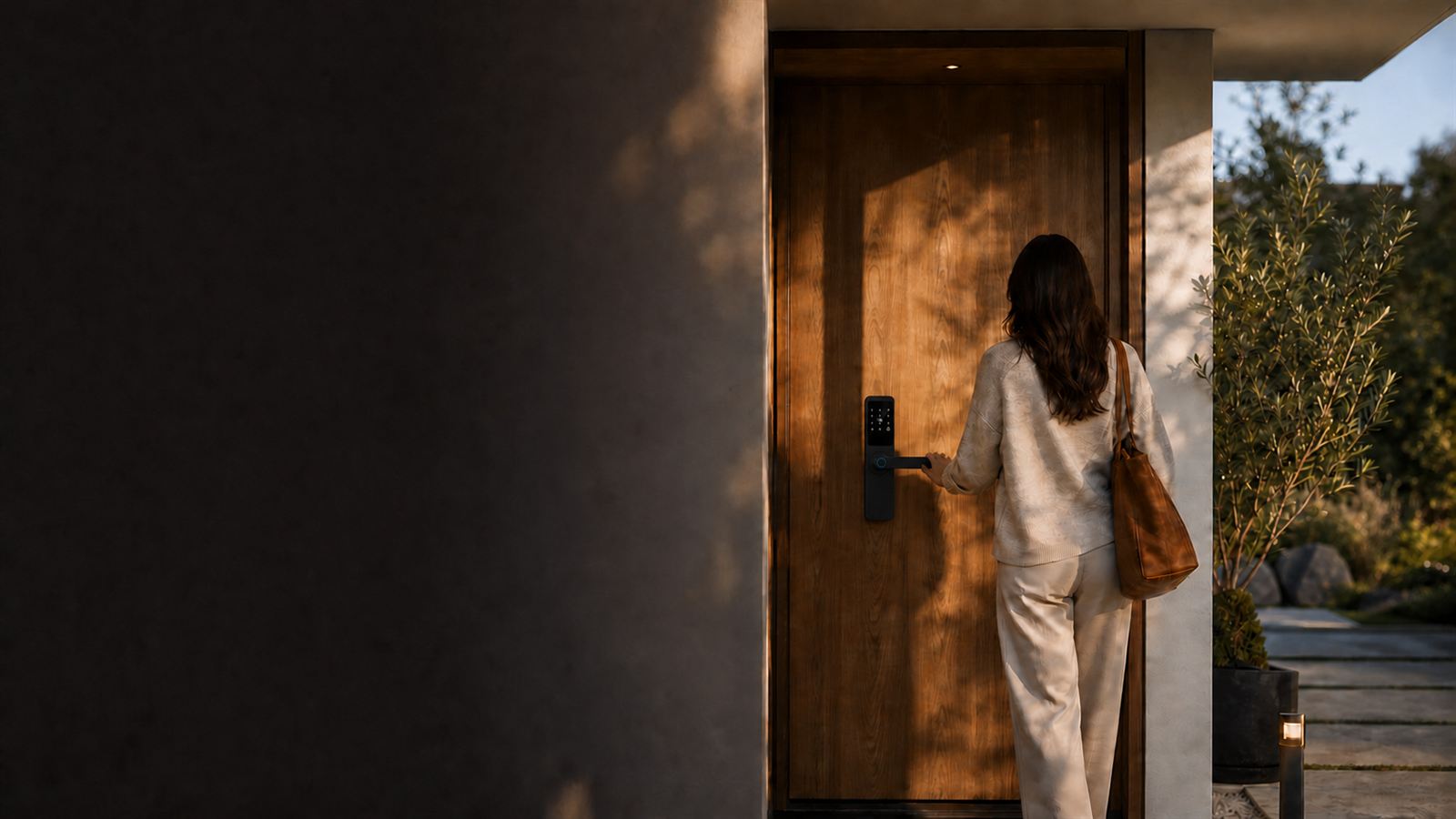 A homeowner using the DESE03 front-facing smart entry lock at a contemporary entrance